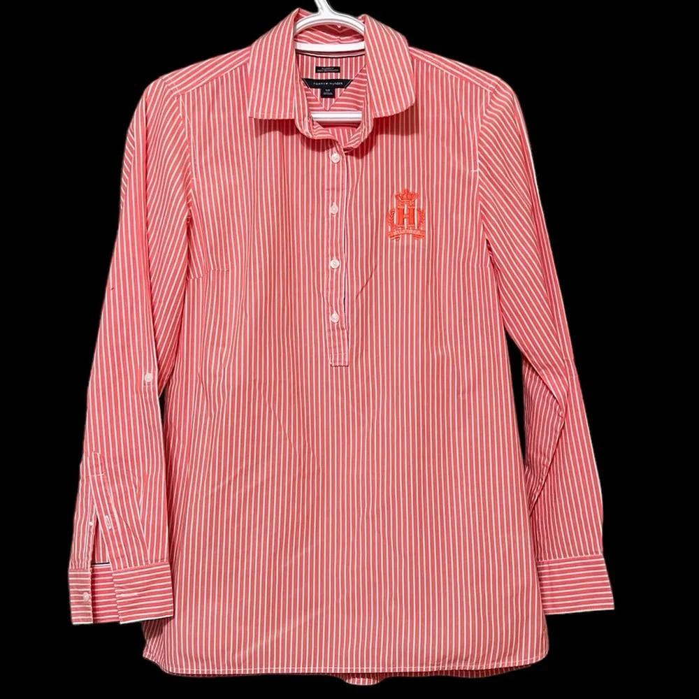 Tommy Hilfiger Peach White Pinstripe Button Up Collar Top size small